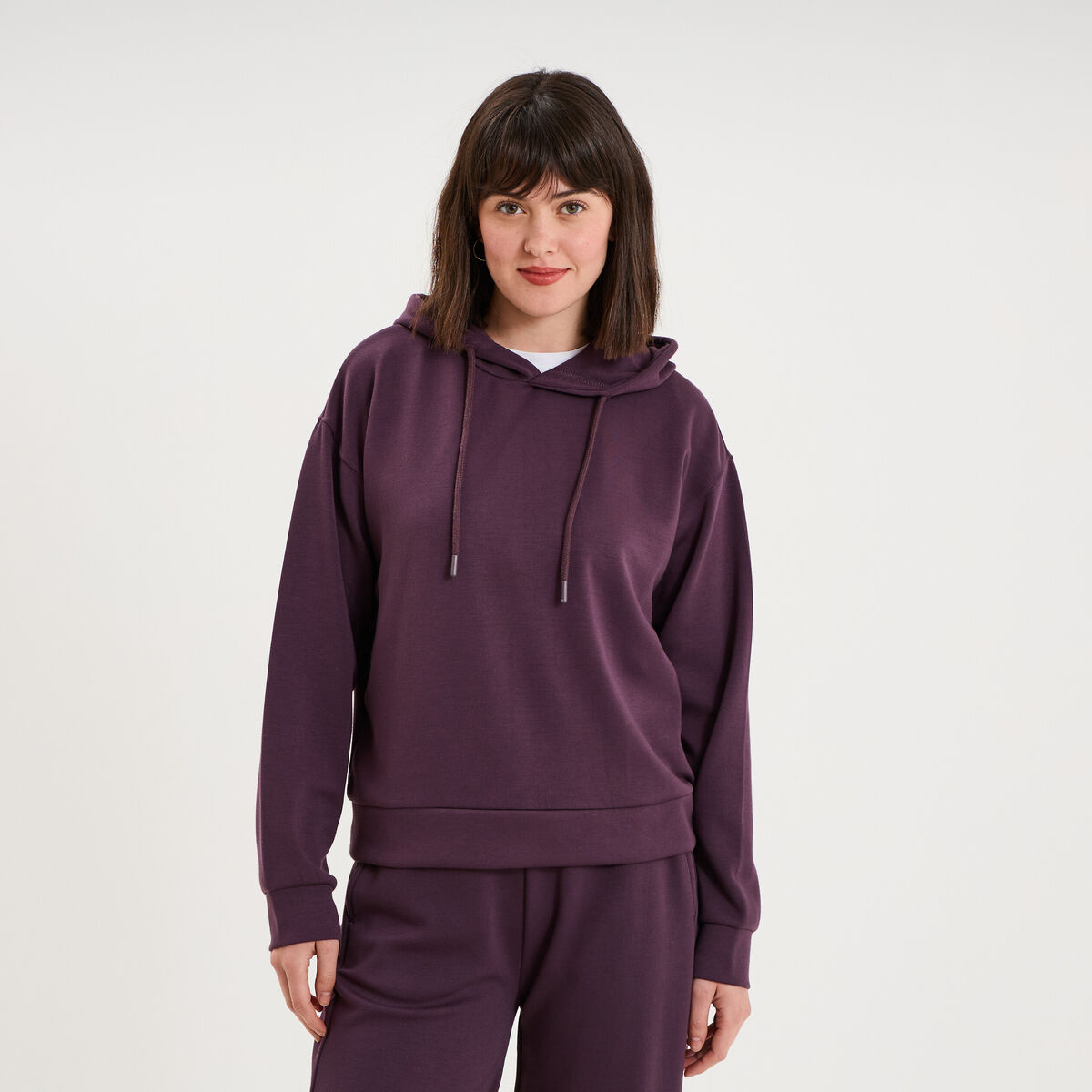 Sweat hoodie manches longues &agrave; capuche violet fonc&eacute; femme