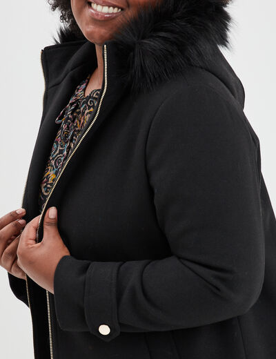 Manteau à capuche imitation fourrure noir femme grande taille