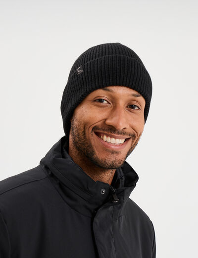 Bonnet avec bord &agrave; revers tricot&eacute; noir homme
