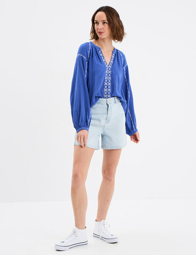 Blouse brodée manches longues coton bleu roi femme