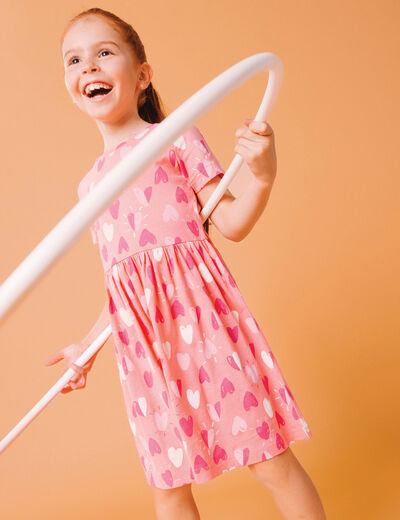 Robe manches courtes col rond coton rose fille