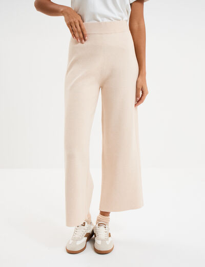 Pantalon tricot taille &eacute;lastiqu&eacute;e beige femme