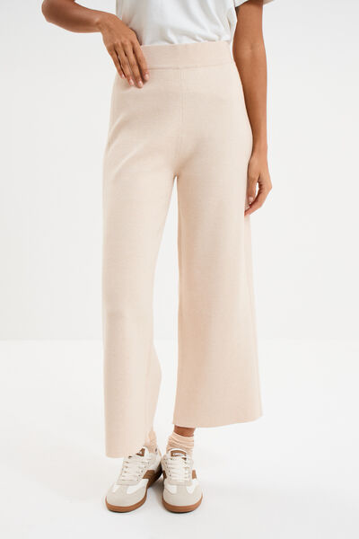 Pantalon tricot taille &eacute;lastiqu&eacute;e beige femme