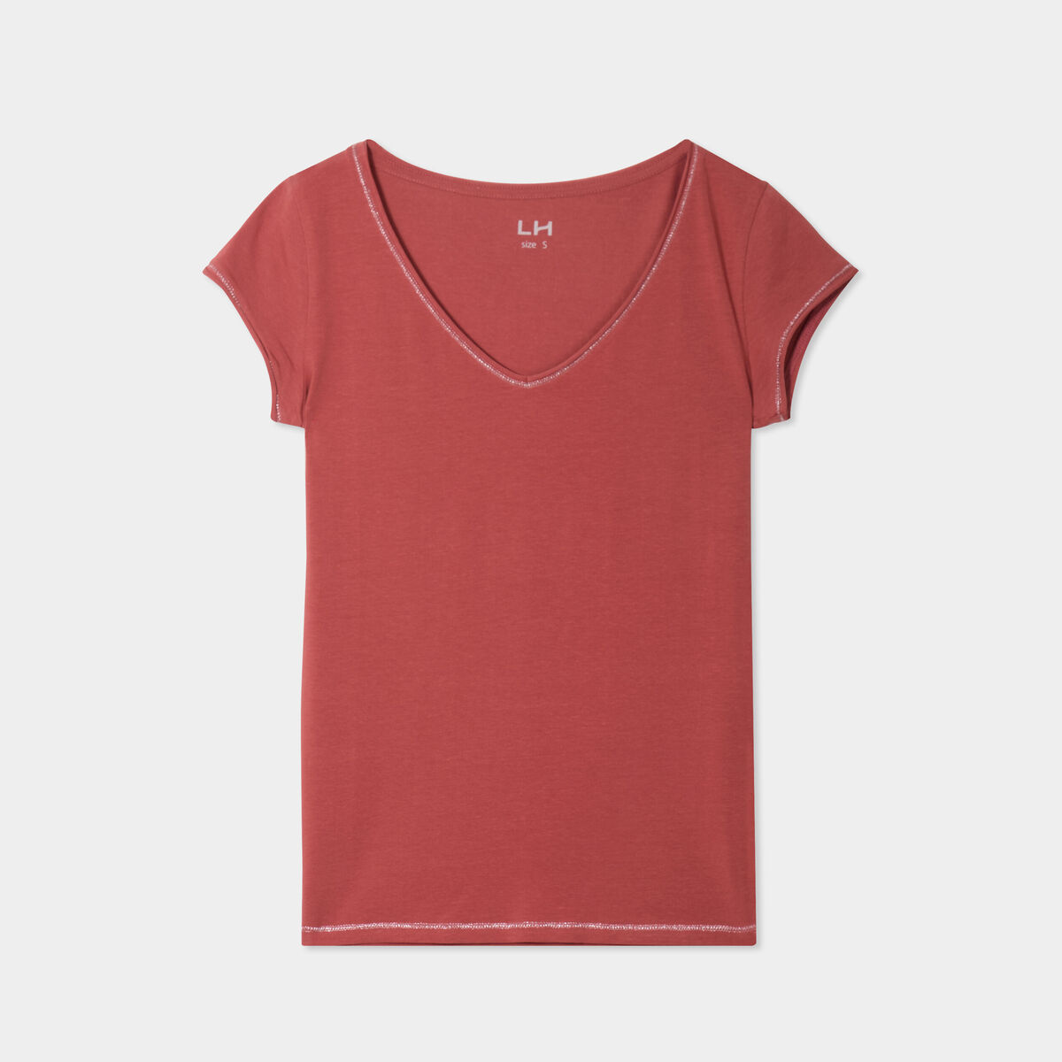 T-shirt col V ajusté manches courtes vieux rose femme