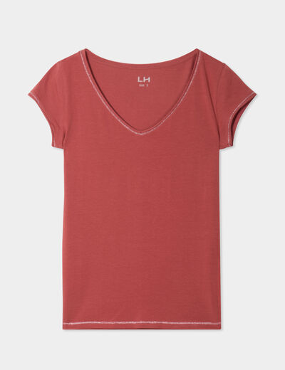 T-shirt col V ajusté manches courtes vieux rose femme