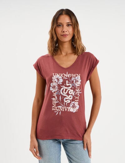 T-shirt coton col en V manches courtes bordeaux femme