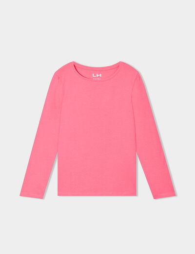 T-shirt coton manches longues à fronces rose fushia fille