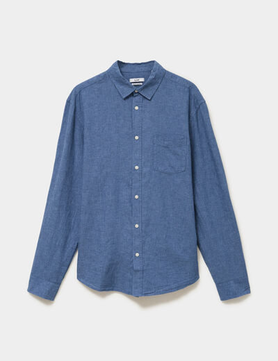 Chemise manches longues lin m&eacute;lang&eacute; bleu homme
