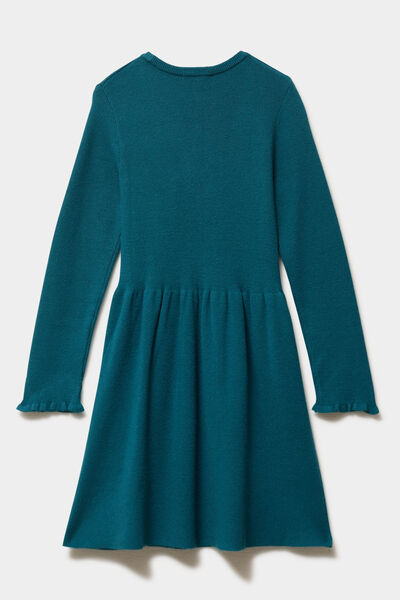 Robe tricot &eacute;vas&eacute;e manches longues vert fonc&eacute; fille