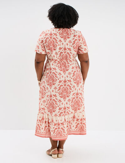 Robe longue col en V et manches courtes ecru femme grande taille