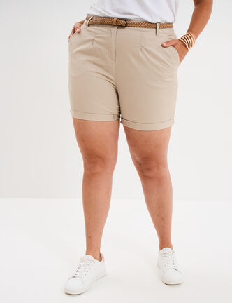 Short chino avec ceinture tressée beige femme grande taille