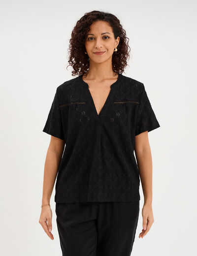 T-shirt broderie anglaise col tunisien noir femme