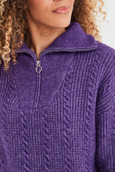 Pull camionneur zippé torsades Liberto violet foncé femme