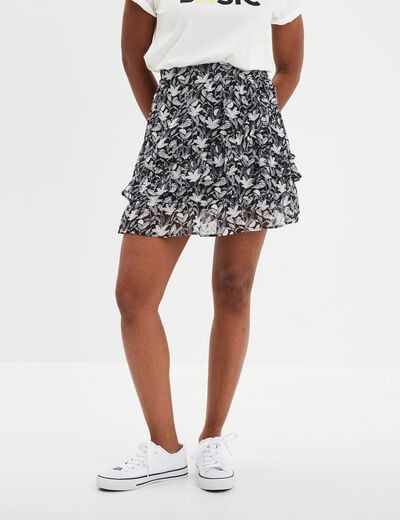Jupe courte patineuse à volants noir femme