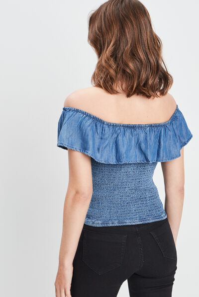 Blouse manches courtes col bardot denim bleach femme