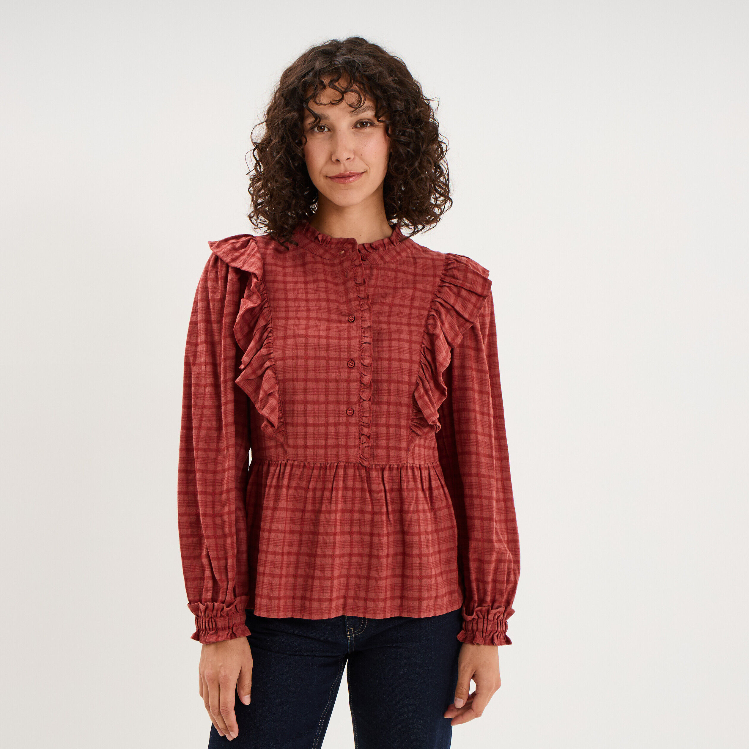 Blouse à volants manches longues rouge foncé femme CREEKS