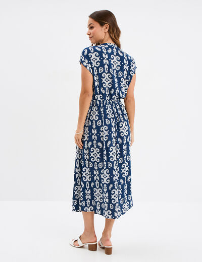Robe longue cr&eacute;pon col tunisien bleu marine femme