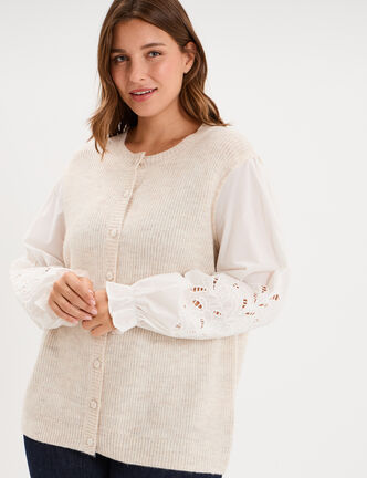 Gilet 2 en 1 manches broderie ajour&eacute;e beige femme grande taille