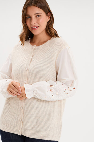 Gilet 2 en 1 manches broderie ajour&eacute;e beige femme grande taille