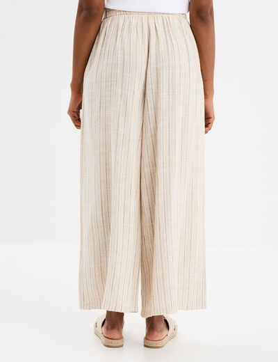 Pantalon large élastiqué en lin mélangé beige femme