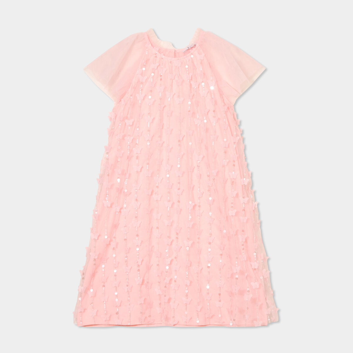 Robe tulle et sequins manches courtes rose clair fille