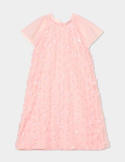 Robe tulle et sequins manches courtes rose clair fille