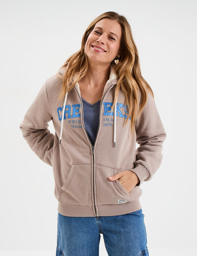 Sweat à capuche doublure effet sherpa beige femme