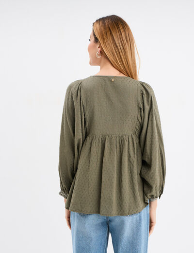 Blouse brodée manches ballons vert kaki femme