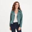 Veste courte esprit biker effet suédine vert foncé femme