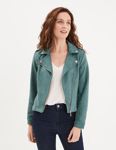 Veste courte esprit biker effet suédine vert foncé femme