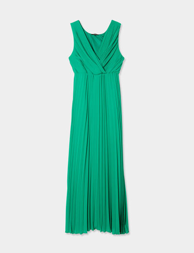 Robe longue plissée sans manches col V vert émeraude femme