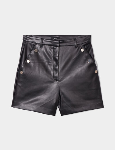 Short simili cuir large à pont noir femme