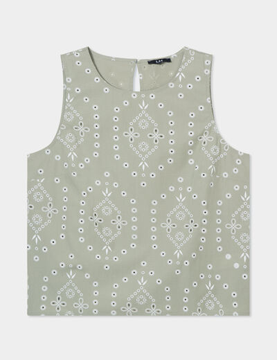 Blouse broderie anglaise sans manches vert clair femme