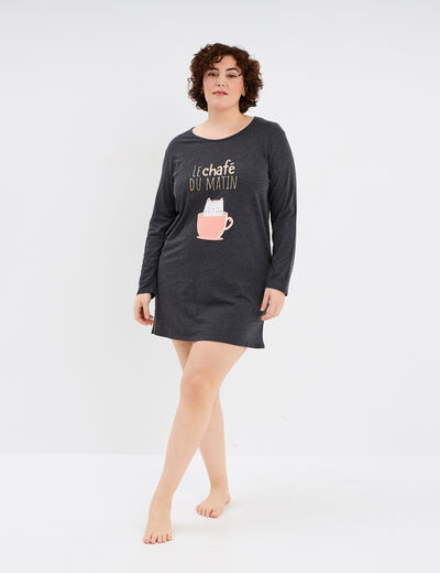 Chemise de nuit manches longues coton gris foncé femme grande taille