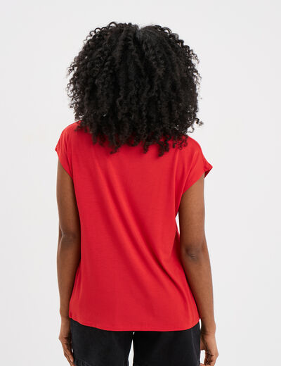 T-shirt col en V manches courtes rouge femme