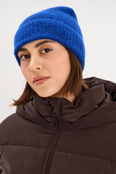 Bonnet maille c&ocirc;tel&eacute;e bleu roi femme
