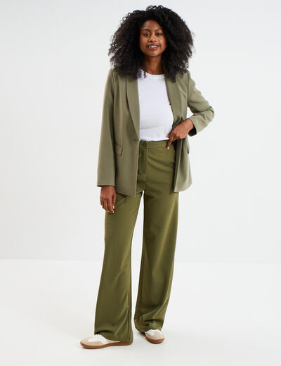 Pantalon large fluide taille élastiquée vert kaki femme