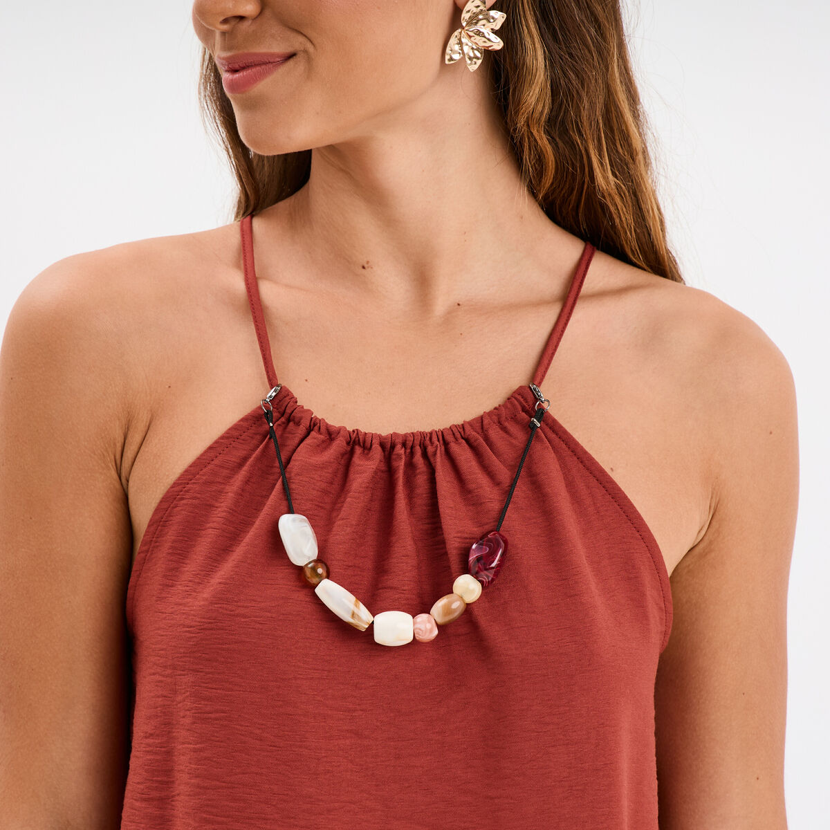 Blouse col bijoux amovible marron cognac femme