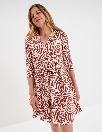 Robe col chemise ceinturée manches 3/4 terracotta femme