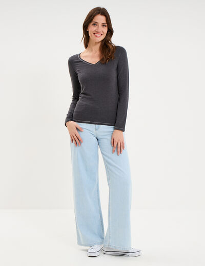 T-shirt manches longues col en V coton gris fonc&eacute; femme
