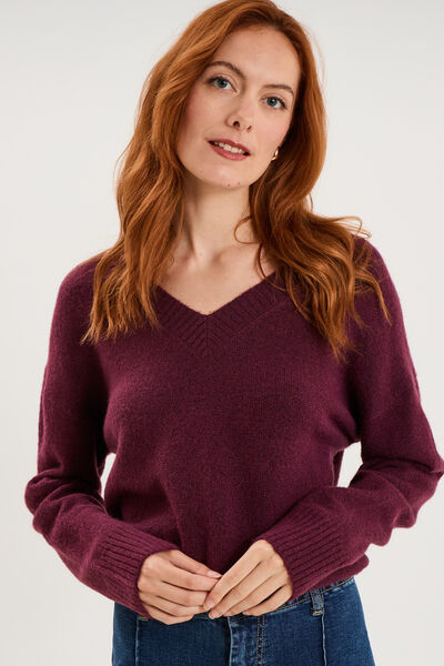 Pull col en V manches longues prune femme