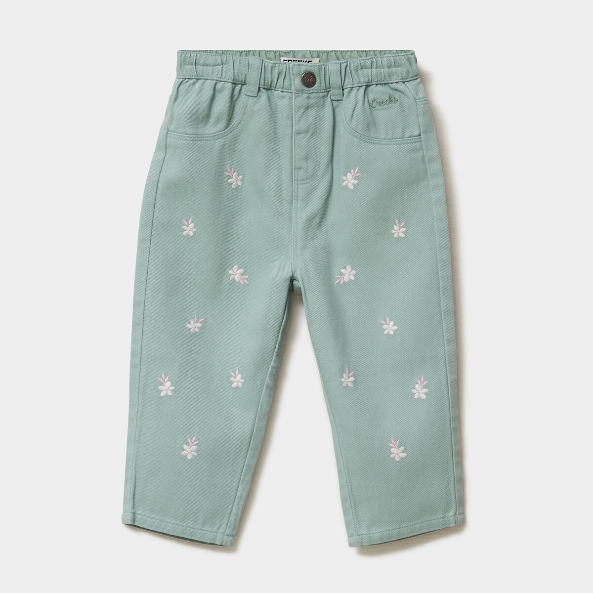 Pantalon ample brod&eacute; coton vert pastel b&eacute;b&eacute; fille