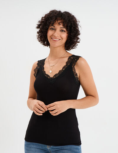 D&eacute;bardeur ajust&eacute; avec dentelle col V noir femme