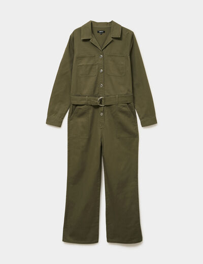 Combinaison pantalon ceintur&eacute;e coton vert kaki femme
