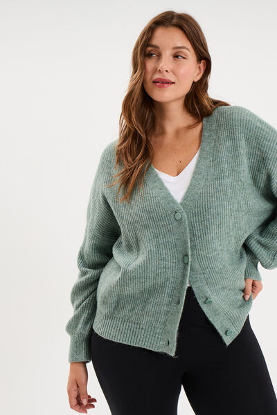 Gilet col en V boutonn&eacute; manches longues vert femme grande taille