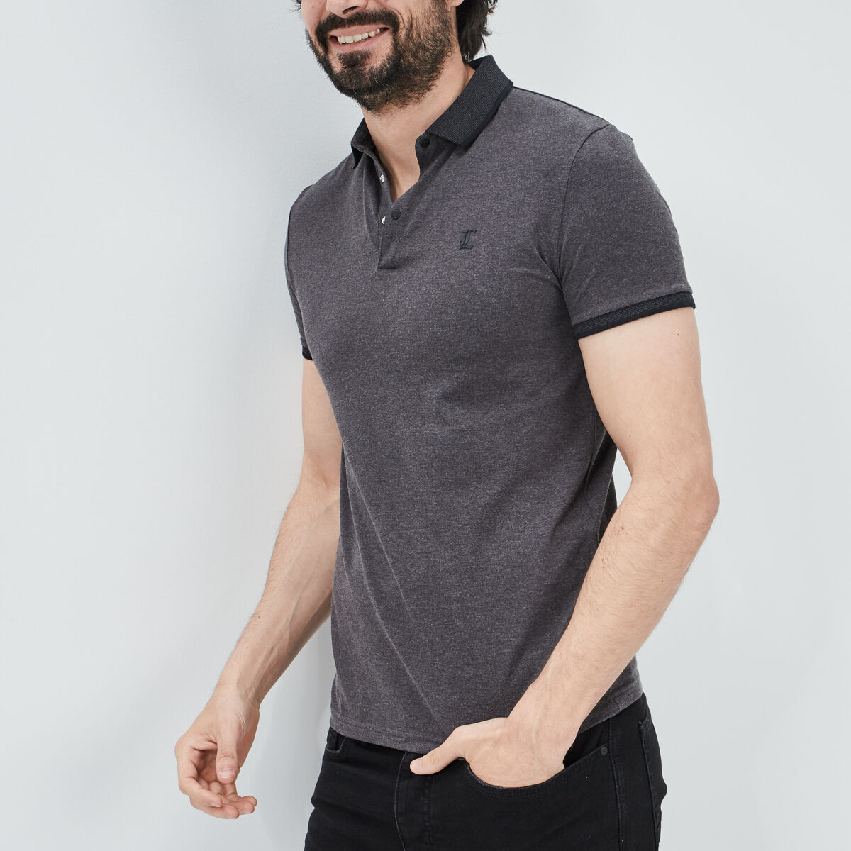 Polo coton ajusté manches courtes gris foncé homme