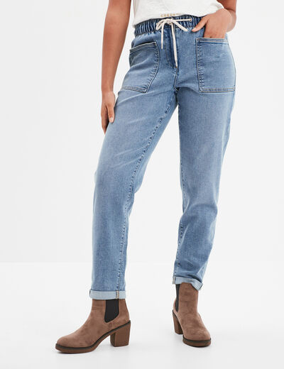 Jean droit taille élastiquée 7/8ème denim stone femme