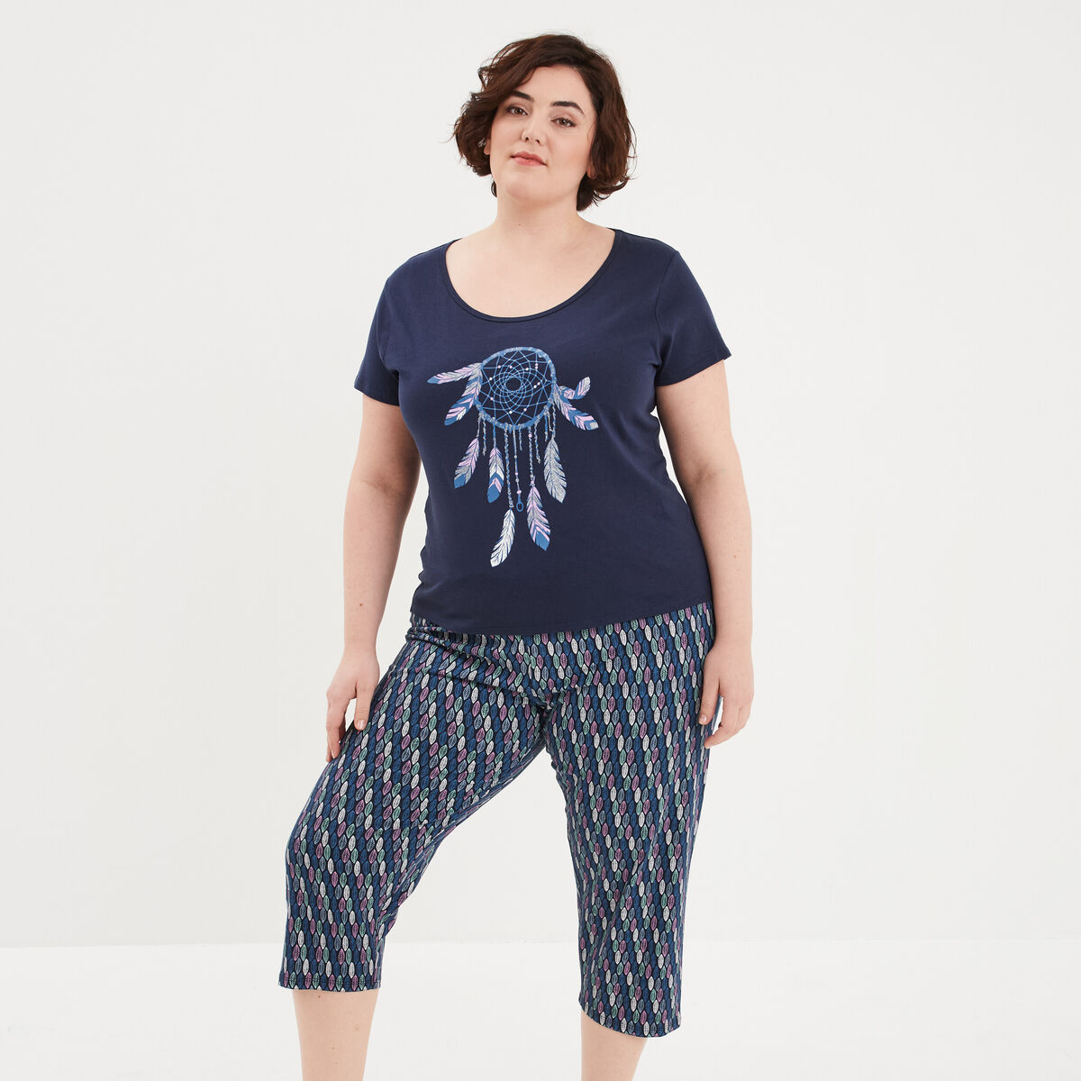 Ensemble pyjama corsaire 2 pièces coton bleu marine femme grande taille