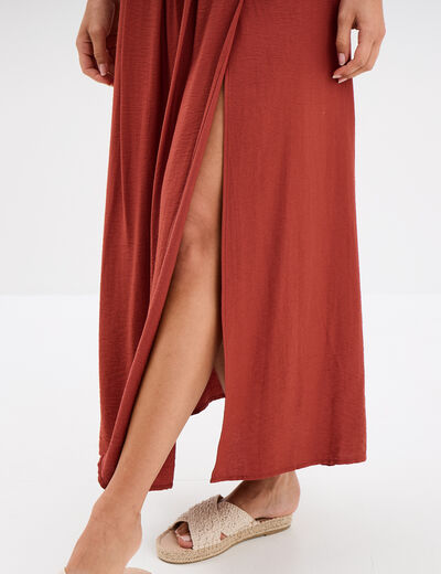 Jupe longue évasée plis creux marron cognac femme