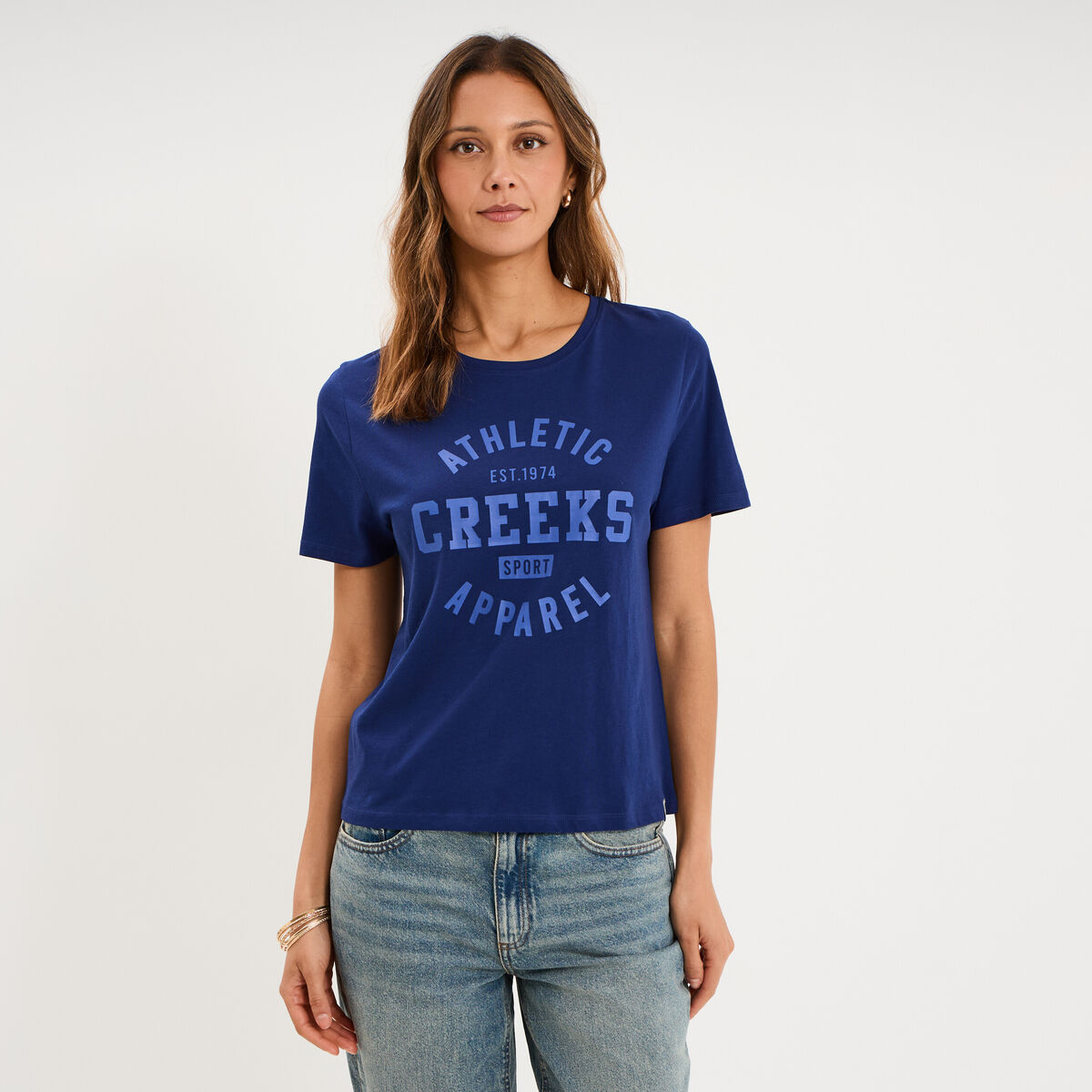 T-shirt col rond manches courtes bleu fonc&eacute; femme